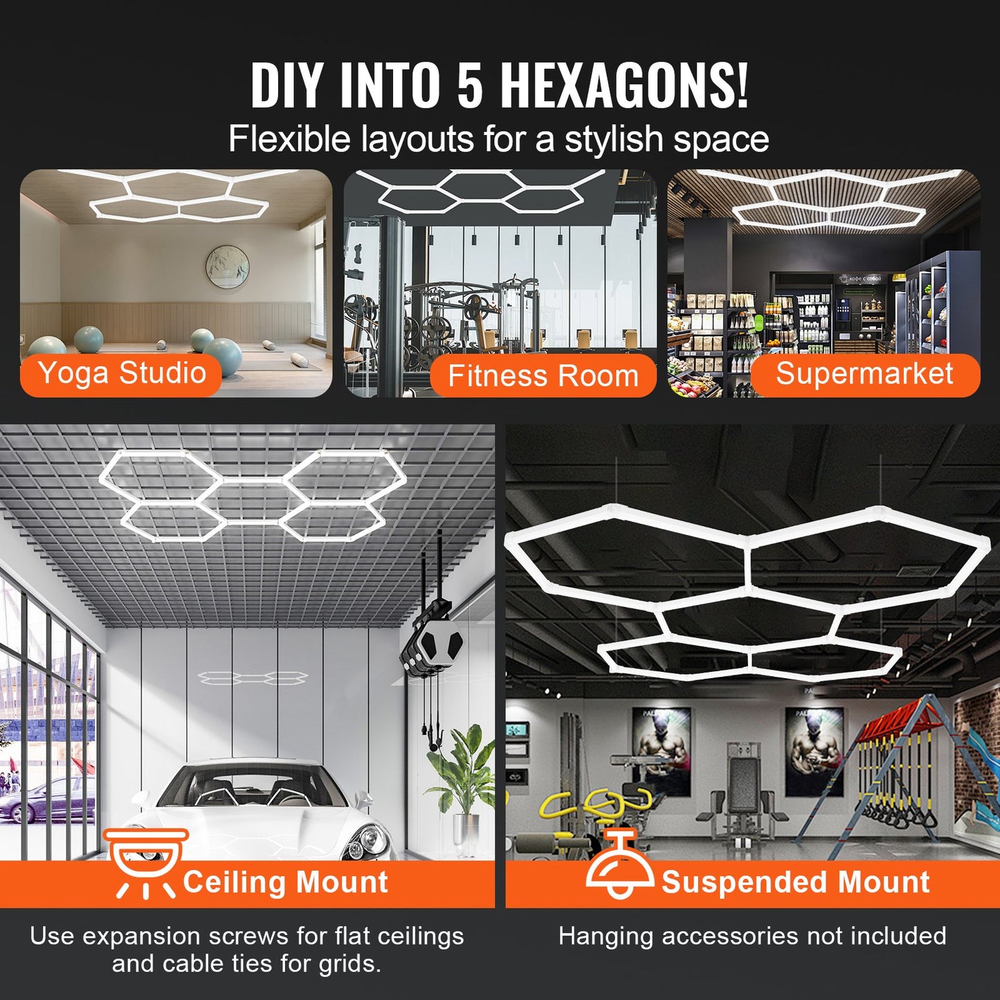 Hexagon Garage Lights, 26400LM, 6500K 5 Grid Systems Honeycomb Hexagonal Garage LED Lights, DIY Cool White Car Detailing Garage Ceiling Lighting Bright Shop Light for Gym Basement Workshop