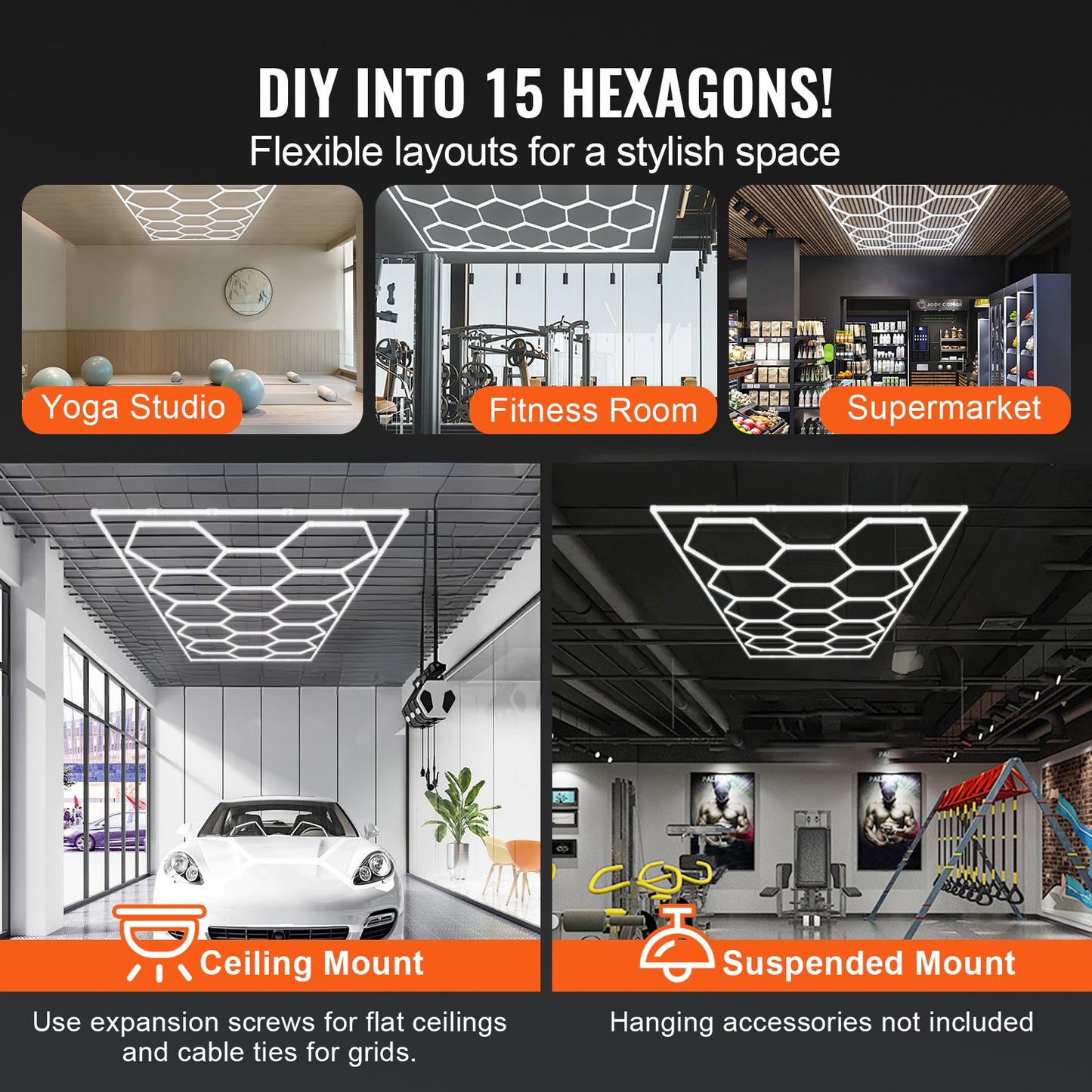 Hexagon Garage Lights, 66300LM, 6500K 15 Grid Systems Honeycomb Hexagonal Garage LED Lights, DIY Cool White Car Detailing Garage Ceiling Lighting Bright Shop Light for Gym Basement Workshop