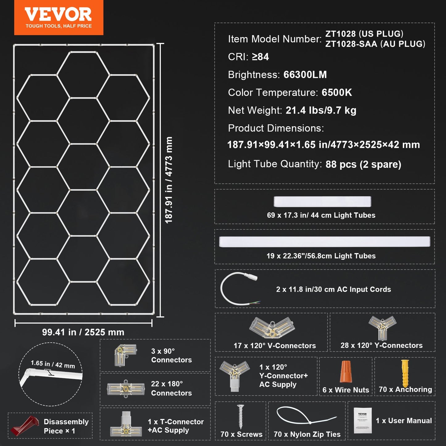 Hexagon Garage Lights, 66300LM, 6500K 15 Grid Systems Honeycomb Hexagonal Garage LED Lights, DIY Cool White Car Detailing Garage Ceiling Lighting Bright Shop Light for Gym Basement Workshop