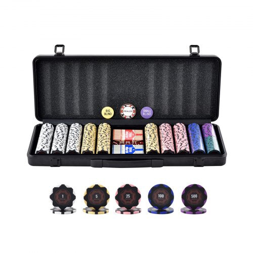Poker Chip Set, 500-Piece Poker Set, Complete Poker Playing Game Set with Carrying Case, Heavyweight 14 Gram Casino Clay Chips, Cards, Buttons and Dices, for Texas Hold'em, Blackjack, Gambling