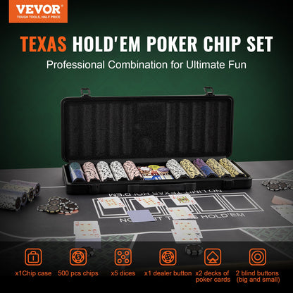 Pokerchipset, 500-bitars pokerset, komplett pokerspelset med bärväska, tungvikts 14 grams kasinolermarker, kort, knappar och tärningar, för Texas Hold'em, blackjack, hasardspel