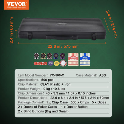 Pokerchipset, 500-bitars pokerset, komplett pokerspelset med bärväska, tungvikts 14 grams kasinolermarker, kort, knappar och tärningar, för Texas Hold'em, blackjack, hasardspel