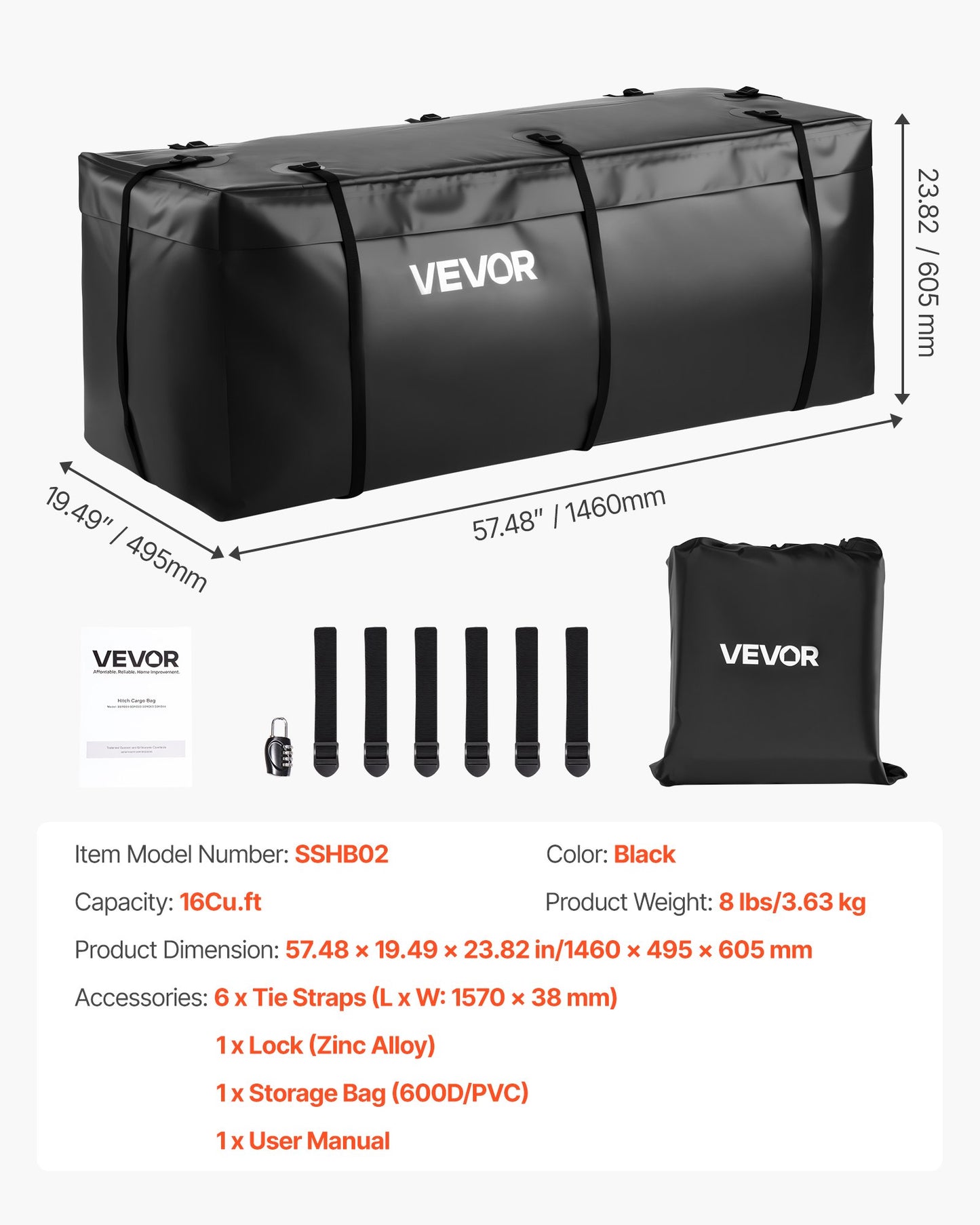 Hitch Cargo Carrier Bag, Waterproof 840D PVC, 57.48 x 19.49 x 23.82 in (16 Cubic Feet), Heavy Duty Cargo Bag for Truck Bed Storage with Reinforced Straps, Suitable for Car SUV Vans Hitch Basket