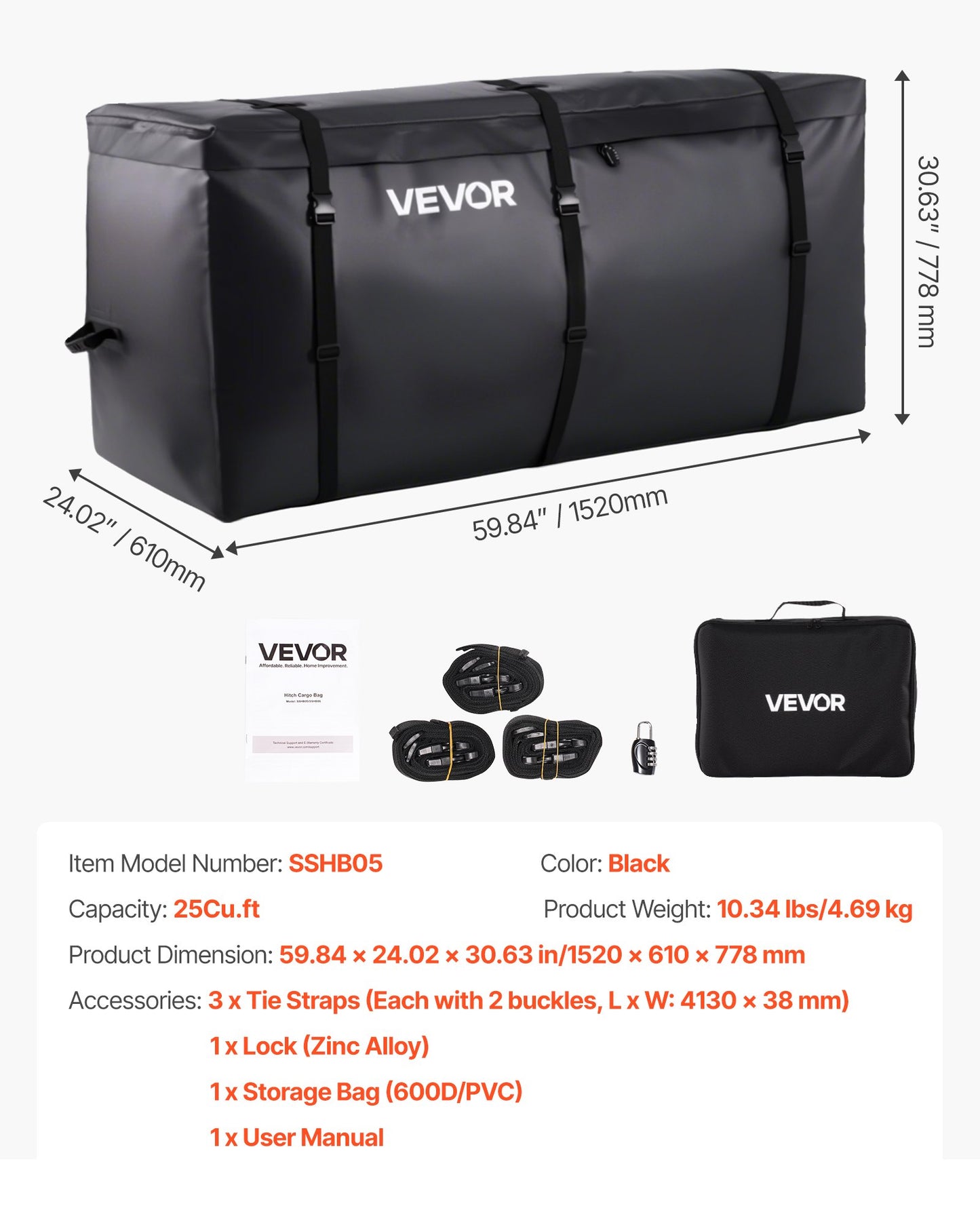 Hitch Cargo Carrier Bag, Waterproof 840D PVC, 59.84 x 24.02 x 30.63 in (25 Cubic Feet), Heavy Duty Cargo Bag for Truck Bed Storage with Reinforced Straps, Suitable for Car SUV Vans Hitch Basket