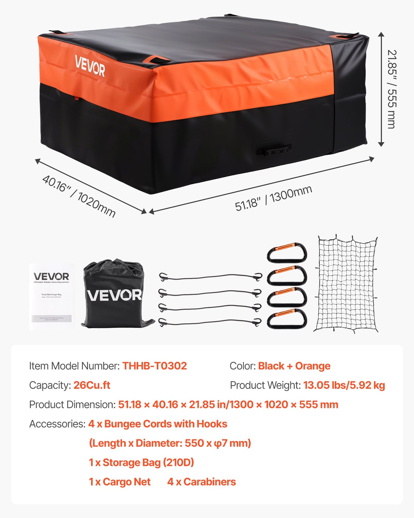 Truck Bed Cargo Bag, Waterproof 840D PVC, 51.18 x 40.16 x 21.85 in (26 Cu. ft), Heavy Duty Cargo Bag for Truck Bed with Bungee Cords, Net and Carabiners, Fits a Variety of SUV & Pickup Trucks