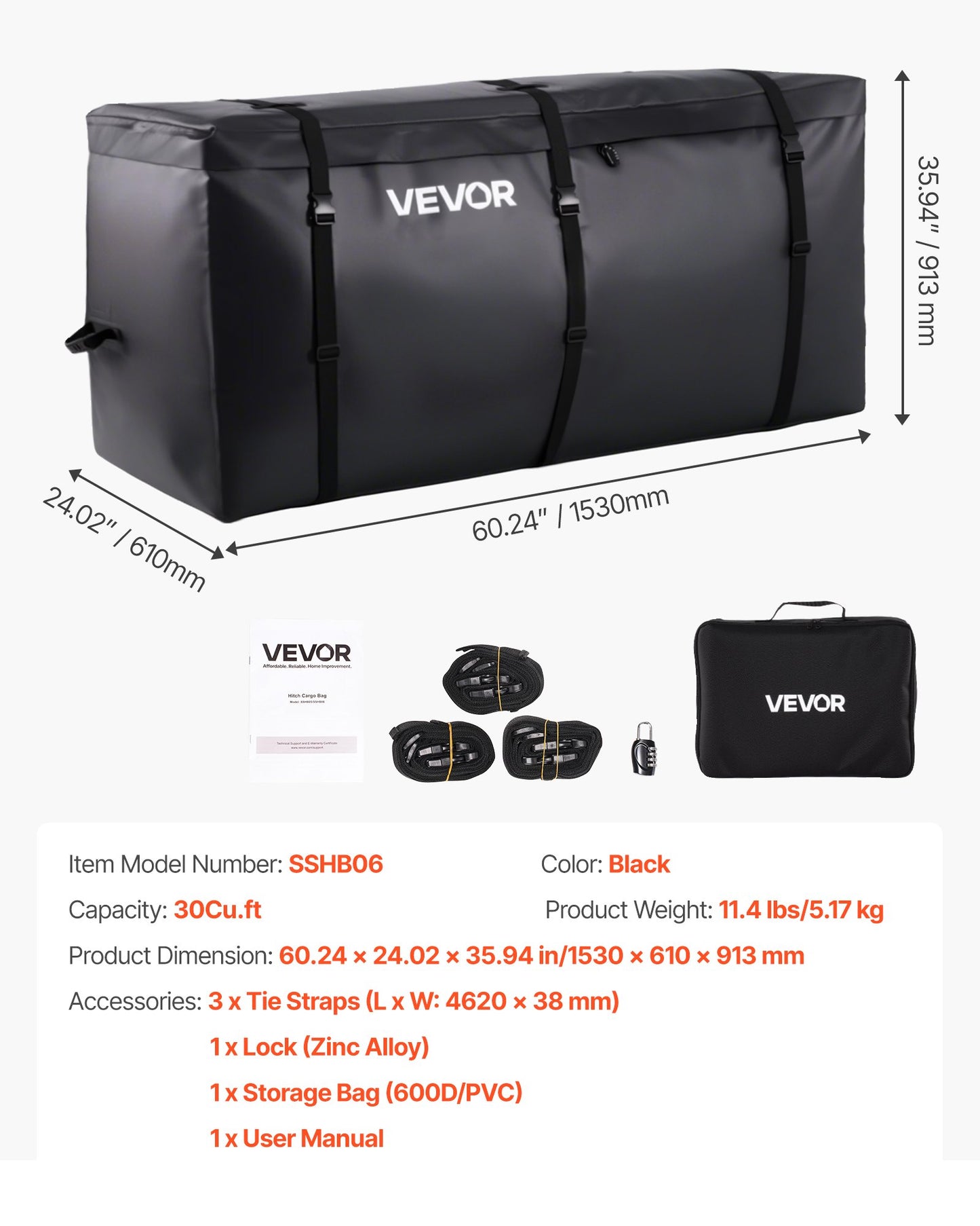 Hitch Cargo Carrier Bag, Waterproof 840D PVC, 60.24 x 24.02 x 35.94 in (30 Cubic Feet), Heavy Duty Cargo Bag for Truck Bed Storage with Reinforced Straps, Suitable for Car SUV Vans Hitch Basket