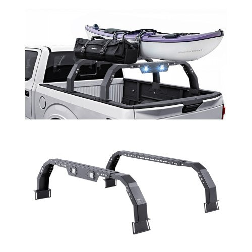 Overland Truck Bed Rack, 14.4-17.3 in Height, Adjustable Bed Cargo Rack with Security LED Light, Compatible with Ram 1500/Tundra/Silverado 1500/F150/Gladiator JT/Colorado/Canyon/Ranger/Maverick