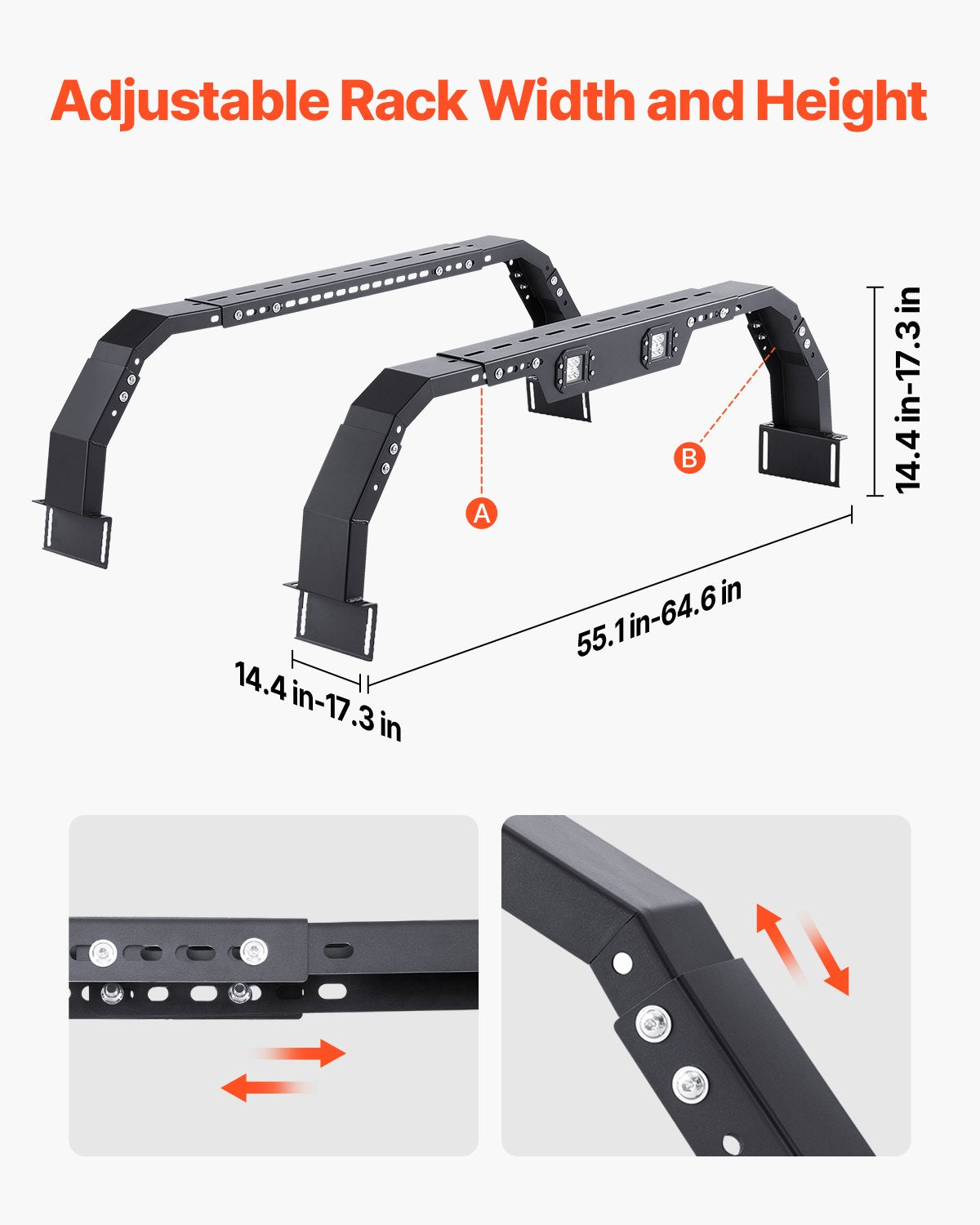 Overland Truck Bed Rack, 14.4-17.3 in Height, Adjustable Bed Cargo Rack with Security LED Light, Compatible with Ram 1500/Tundra/Silverado 1500/F150/Gladiator JT/Colorado/Canyon/Ranger/Maverick