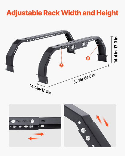 Overland Truck Bed Rack, 14.4-17.3 in Height, Adjustable Bed Cargo Rack with Security LED Light, Compatible with Ram 1500/Tundra/Silverado 1500/F150/Gladiator JT/Colorado/Canyon/Ranger/Maverick