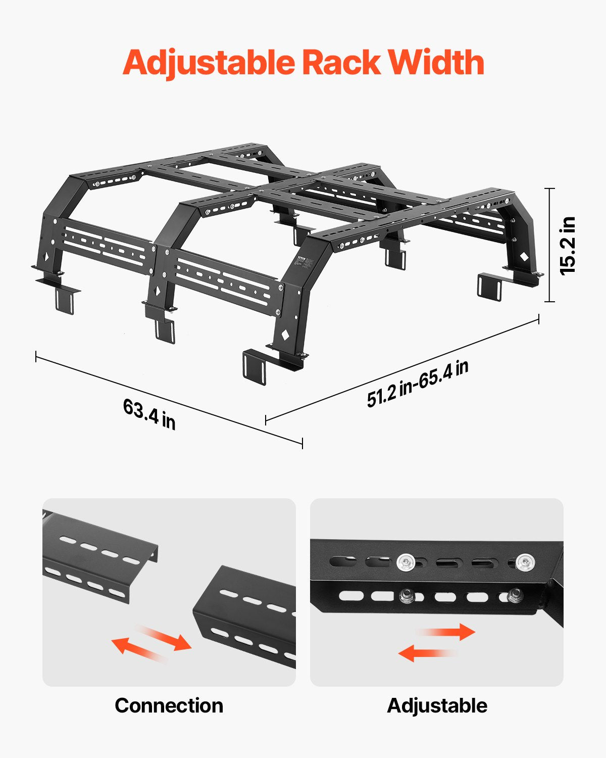 Overland Truck Bed Rack, 51.2-65.4 in Width, Adjustable Overland Bed Cargo Rack with Sidebar, 900 lbs Static Capacity, Compatible with Mid-Size Trucks Tacoma/Ranger/Gladiator JT/Colorado/Canyon