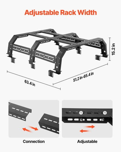 Overland Truck Bed Rack, 51.2-65.4 in Width, Adjustable Overland Bed Cargo Rack with Sidebar, 900 lbs Static Capacity, Compatible with Mid-Size Trucks Tacoma/Ranger/Gladiator JT/Colorado/Canyon