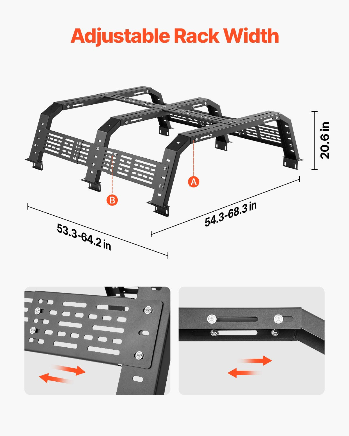 Overland Truck Bed Rack, 54.3-68.3 in Width, Adjustable Overland Bed Cargo Rack with Sidebar and 900 lbs Static Load Capacity, Heavy Duty Steel, Compatible with Full Size and Mid-Size Trucks