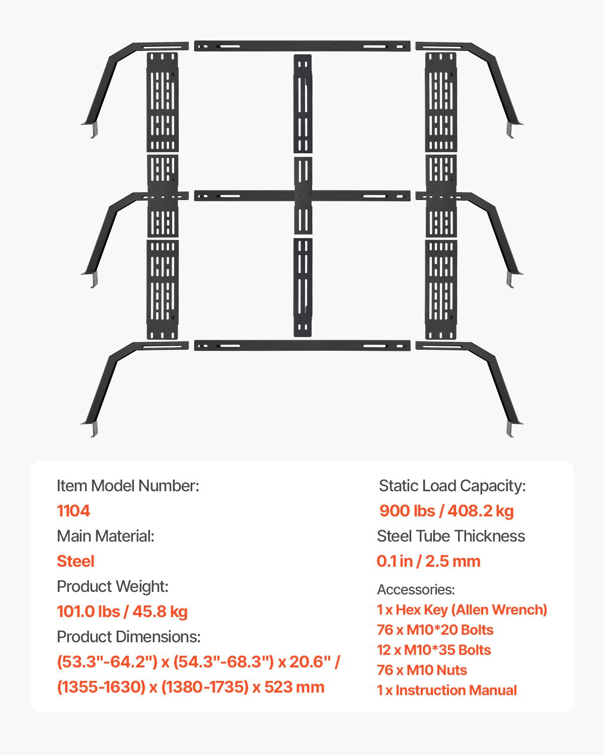 Overland Truck Bed Rack, 54.3-68.3 in Width, Adjustable Overland Bed Cargo Rack with Sidebar and 900 lbs Static Load Capacity, Heavy Duty Steel, Compatible with Full Size and Mid-Size Trucks