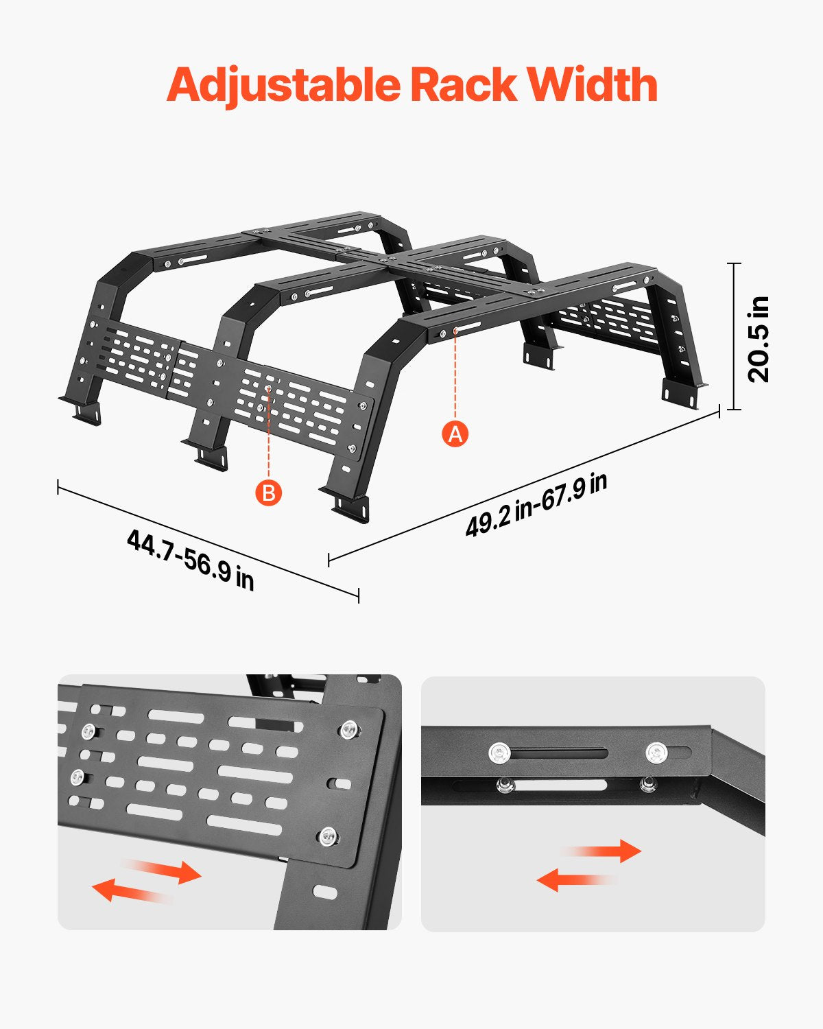 Overland Truck Bed Rack, 49.2-67.9 in Width, Adjustable Overland Bed Cargo Rack with Sidebar, 900 lbs Static Capacity, Heavy Duty Steel, for Mid-Size Trucks, Compatible with Tacoma/Gladiator JT