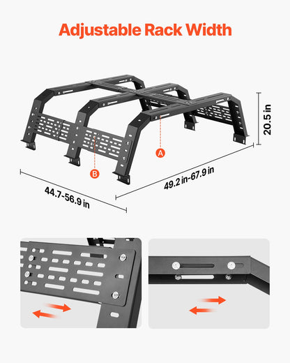 Overland Truck Bed Rack, 49.2-67.9 in Width, Adjustable Overland Bed Cargo Rack with Sidebar, 900 lbs Static Capacity, Heavy Duty Steel, for Mid-Size Trucks, Compatible with Tacoma/Gladiator JT