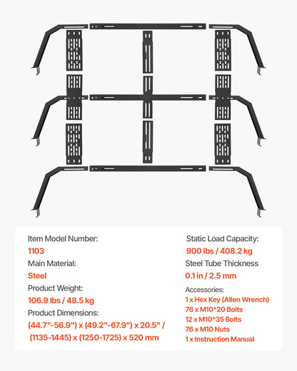 Overland Truck Bed Rack, 49.2-67.9 in Width, Adjustable Overland Bed Cargo Rack with Sidebar, 900 lbs Static Capacity, Heavy Duty Steel, for Mid-Size Trucks, Compatible with Tacoma/Gladiator JT