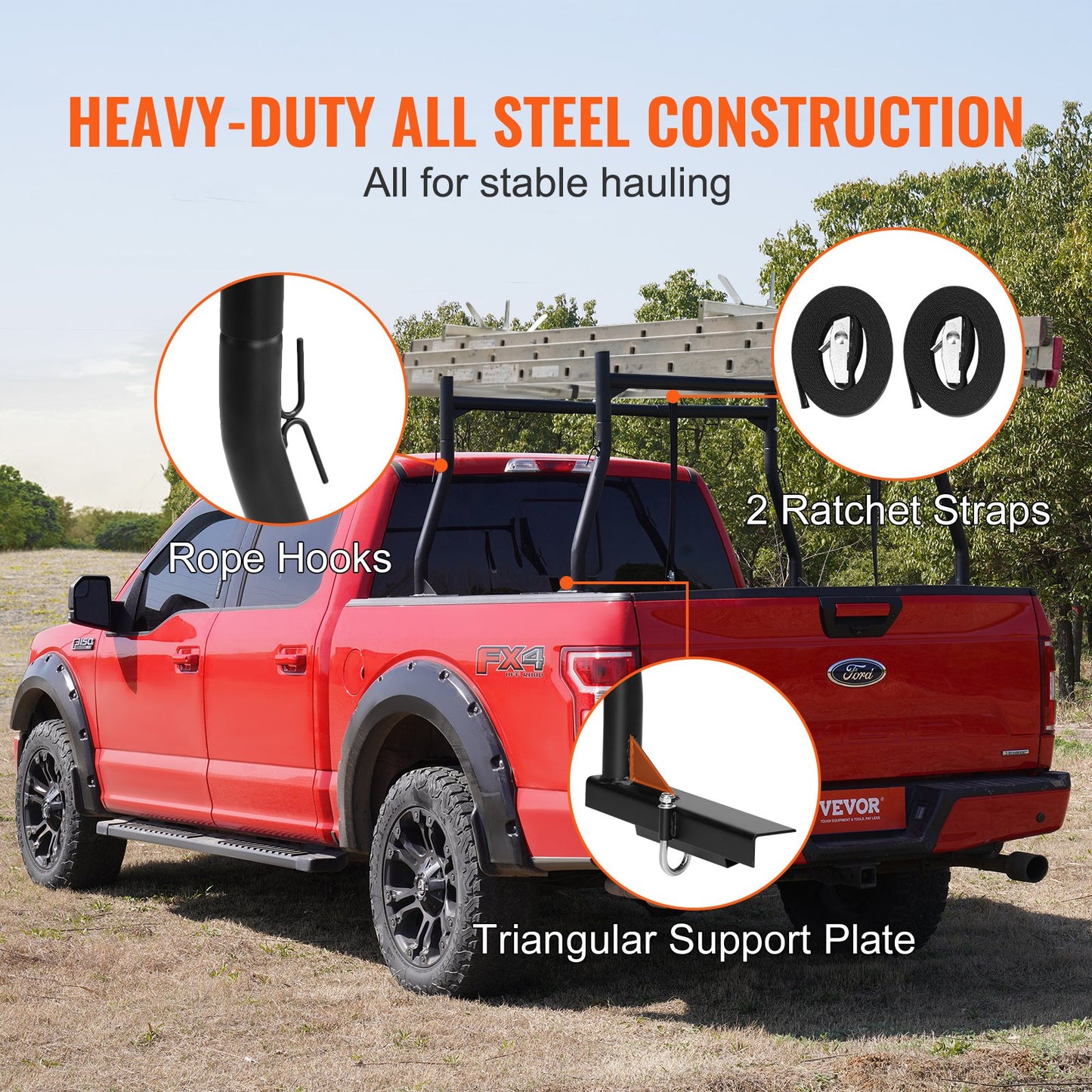 Truck Rack, 46-71inch Extendable Truck Ladder Rack, 800 lbs Capacity Steel Ladder Rack for Truck with Non-Drilling J-bolts, Heavy Duty Truck Bed Rack for Kayak, Surfboard, Lumber, Ladder