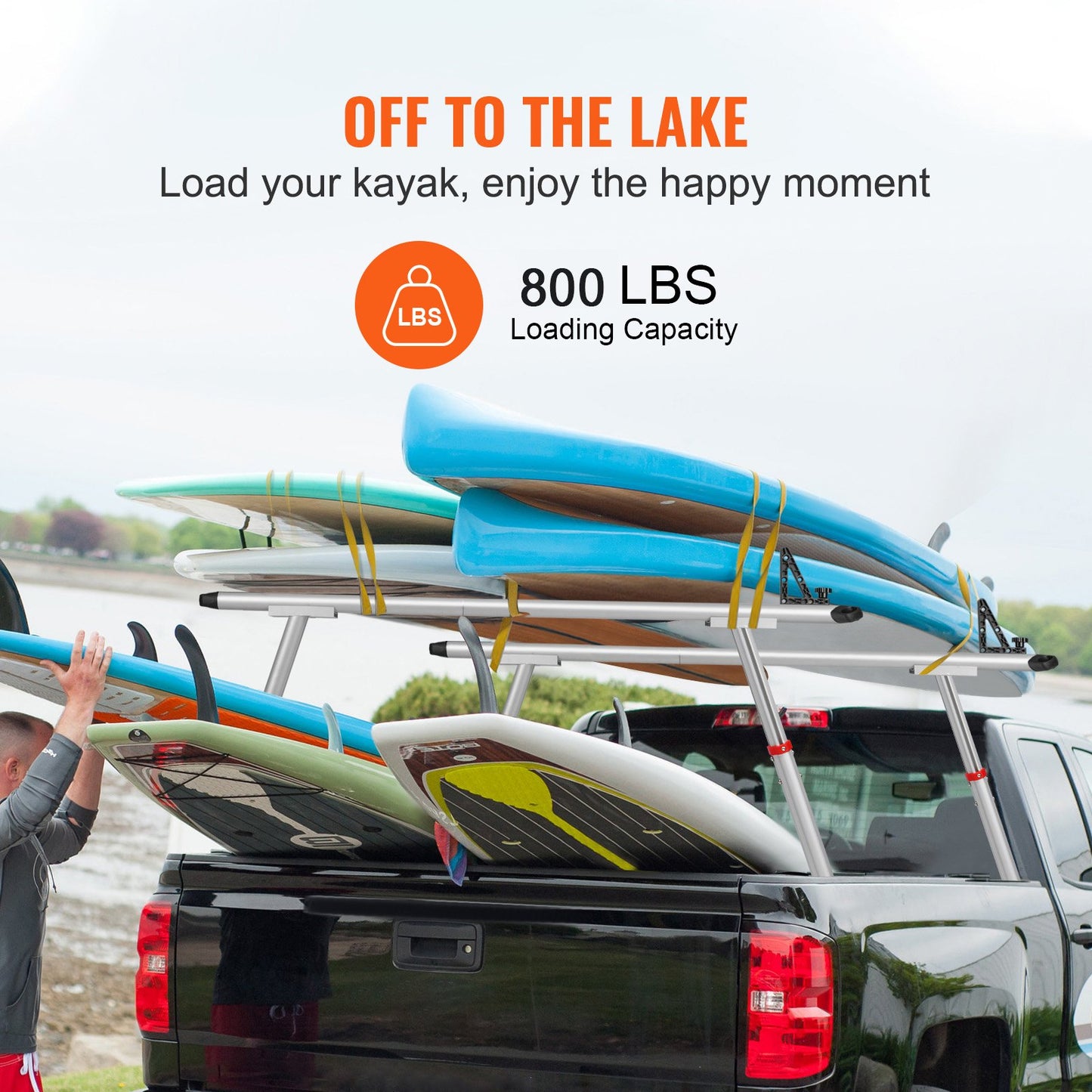 Truck Rack, 800 lbs Capacity, 19-34in Adjustable Height, Aluminum Ladder Rack for Truck with 8 Non-Drilling C-clamps, Heavy Duty Truck Bed Rack Two-Bar Set for Kayak, Surfboard, Lumber, Ladder