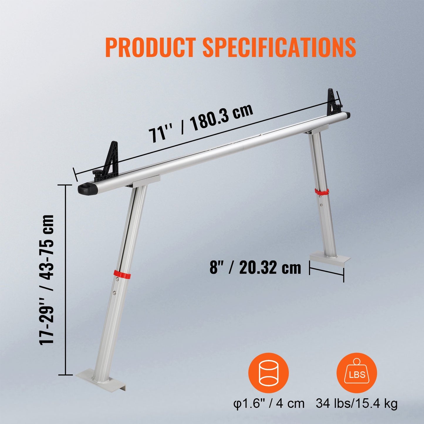 Truck Rack, 800 lbs Capacity, 19-34in Adjustable Height, Aluminum Ladder Rack for Truck with 8 Non-Drilling C-clamps, Heavy Duty Truck Bed Rack Two-Bar Set for Kayak, Surfboard, Lumber, Ladder