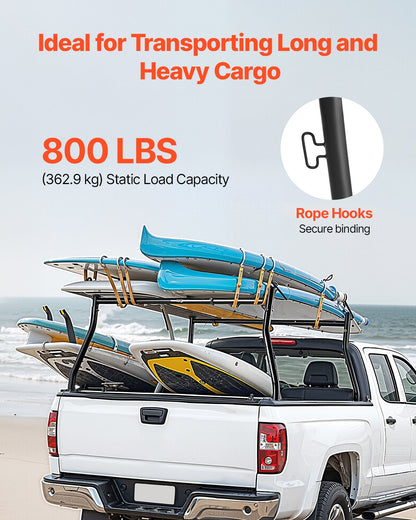 Truck Ladder Rack, 49-73 in Width, Extendable Universal Cargo Rack, Heavy Duty Steel with 800 lbs Static Load Capacity, Ideal for Canoes, Surfboards, Ladders, Lumber, Tents, and Large Cargo