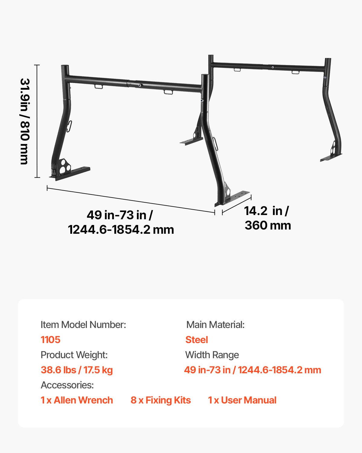 Truck Ladder Rack, 49-73 in Width, Extendable Universal Cargo Rack, Heavy Duty Steel with 800 lbs Static Load Capacity, Ideal for Canoes, Surfboards, Ladders, Lumber, Tents, and Large Cargo