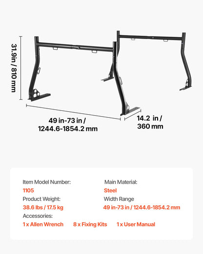 Truck Ladder Rack, 49-73 in Width, Extendable Universal Cargo Rack, Heavy Duty Steel with 800 lbs Static Load Capacity, Ideal for Canoes, Surfboards, Ladders, Lumber, Tents, and Large Cargo