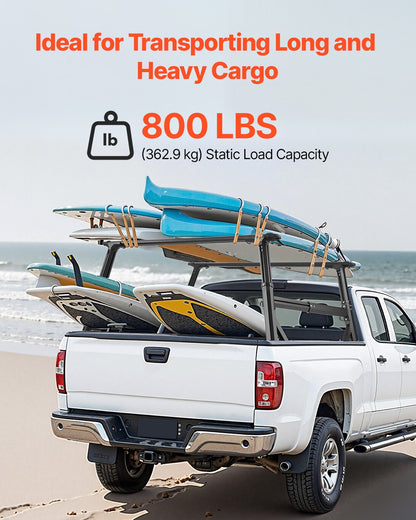 Truck Ladder Rack, 21-31.5 in Height, Adjustable Non-Drilling Aluminum Cargo Rack with Sidebar, 800 lbs Static Capacity, Ideal for Canoes, Surfboards, Ladders, Lumber, Tents, and Large cargo