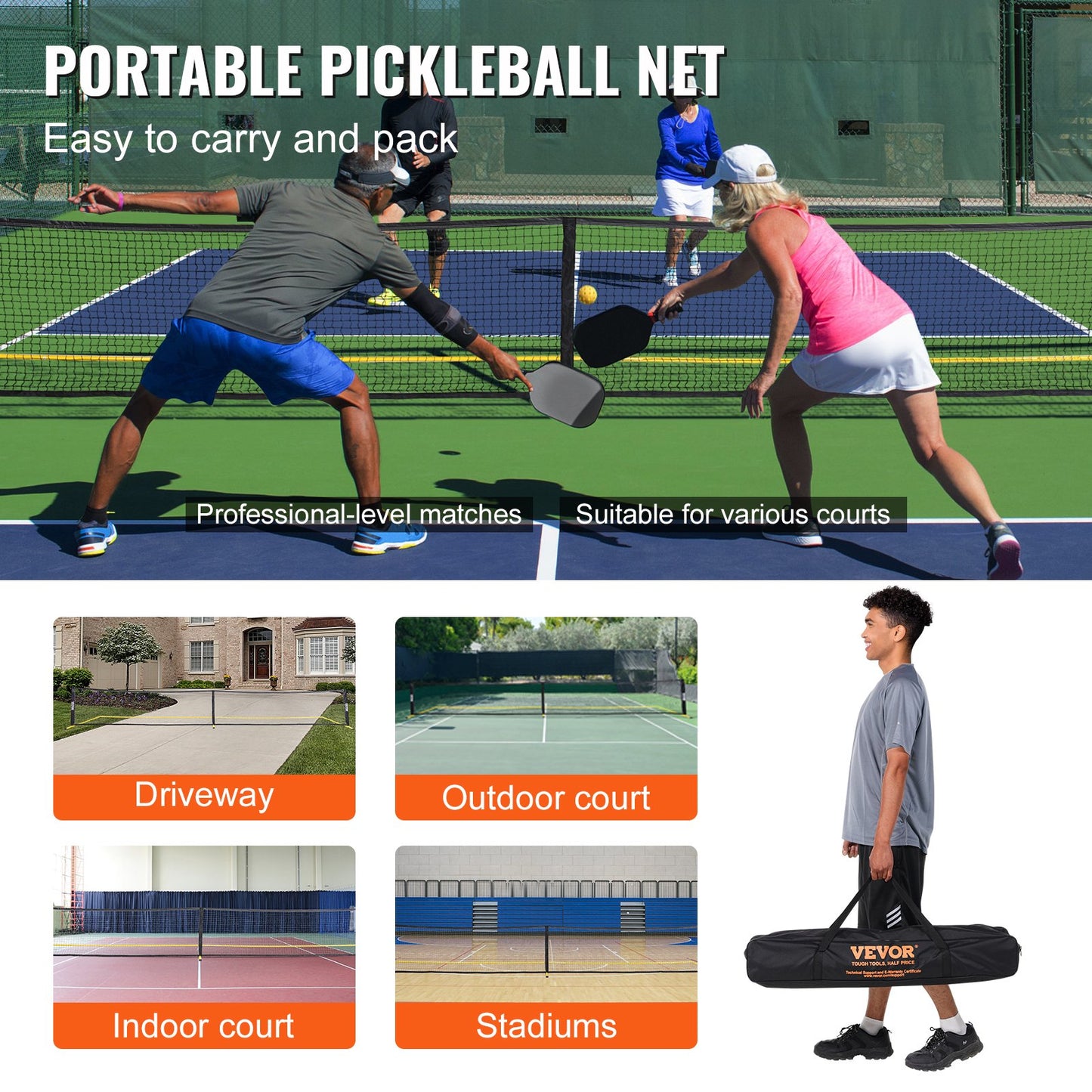 Bärbart Pickleball-nätsystem, 22FT-nät med regleringsstorlek, väderbeständig stabil metallram och starkt PE-nät, Sportnät för utomhusbruk med bärväska, Enkel installation, Lek på bakgårdens uppfart