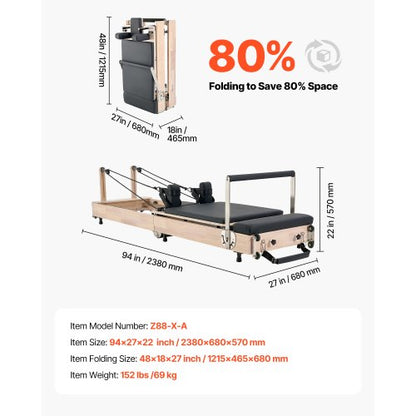 Foldable Pilates Reformer Wooden Pilates Machine Home Gym Equipment | EU