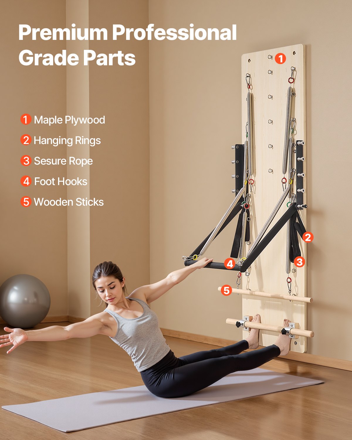 Wall Mounted Pilates Reformer Machine, Maple Wood Pilates Springboard, Exercise Equipment with Resistance Springs, Yoga Fitness Trainer, Suitable for Flexibility Balance, Home Gym Studio Workout