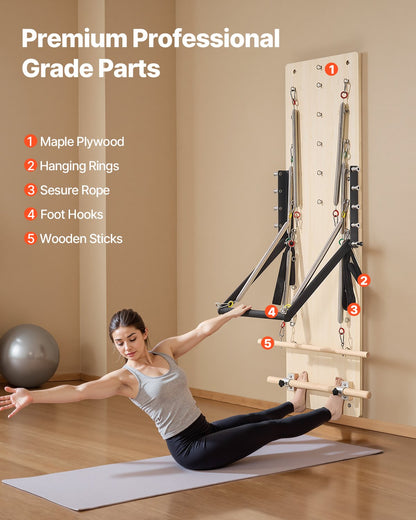 Wall Mounted Pilates Reformer Machine, Maple Wood Pilates Springboard, Exercise Equipment with Resistance Springs, Yoga Fitness Trainer, Suitable for Flexibility Balance, Home Gym Studio Workout