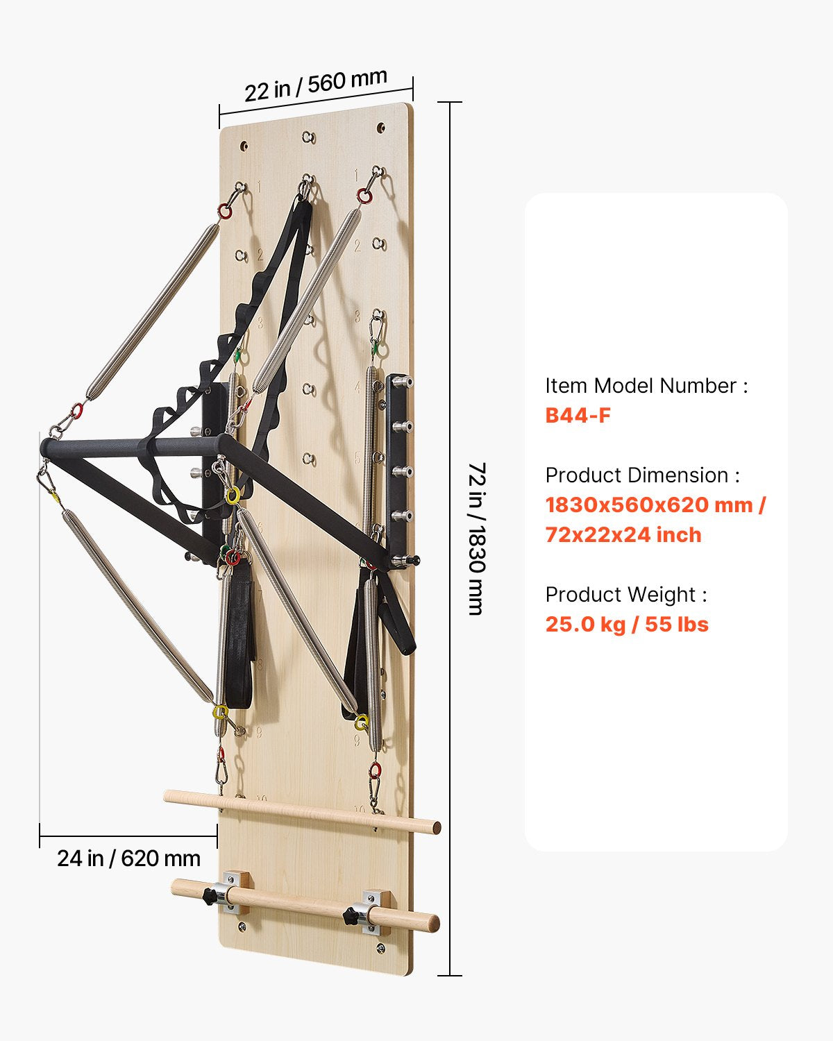 Wall Mounted Pilates Reformer Machine, Maple Wood Pilates Springboard, Exercise Equipment with Resistance Springs, Yoga Fitness Trainer, Suitable for Flexibility Balance, Home Gym Studio Workout