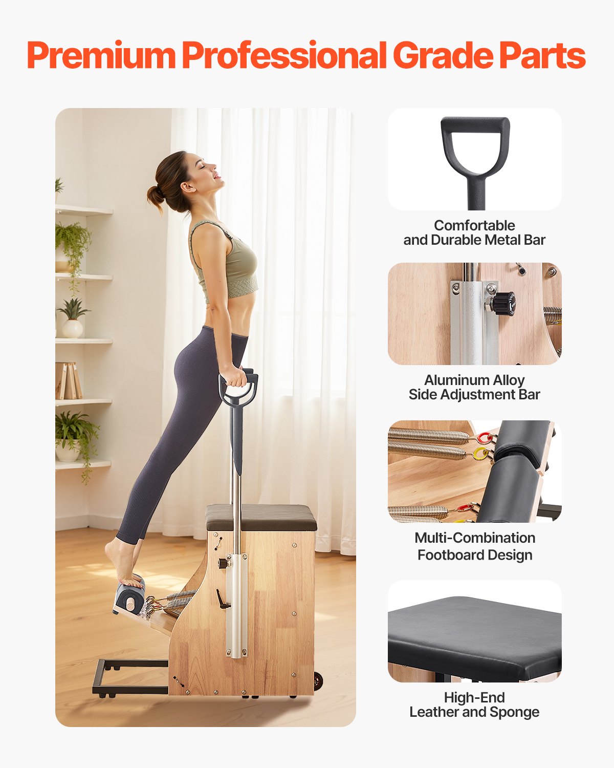 Pilates Chair, Split-Pedal Stability Combo Chairs with Handles, Rubber Wood Frame Yoga Fitness Trainer, Exercise Reformer, Pilates Resistance-Workout Equipment, for Home Gym Studio Workout