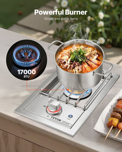 Single Grilling Side Burner, 17,000BTU Liquid Propane Side Burner for Outdoor Kitchen, Convertible to Natural Gas, 304 Stainless Steel Built-in Single Grill Burners with LED for BBQ Grill Island