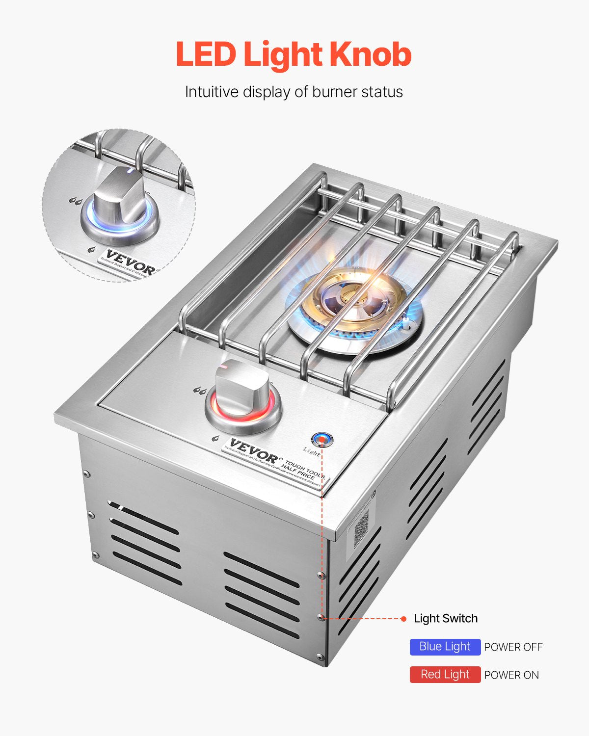 Single Grilling Side Burner, 17,000BTU Liquid Propane Side Burner for Outdoor Kitchen, Convertible to Natural Gas, 304 Stainless Steel Built-in Single Grill Burners with LED for BBQ Grill Island