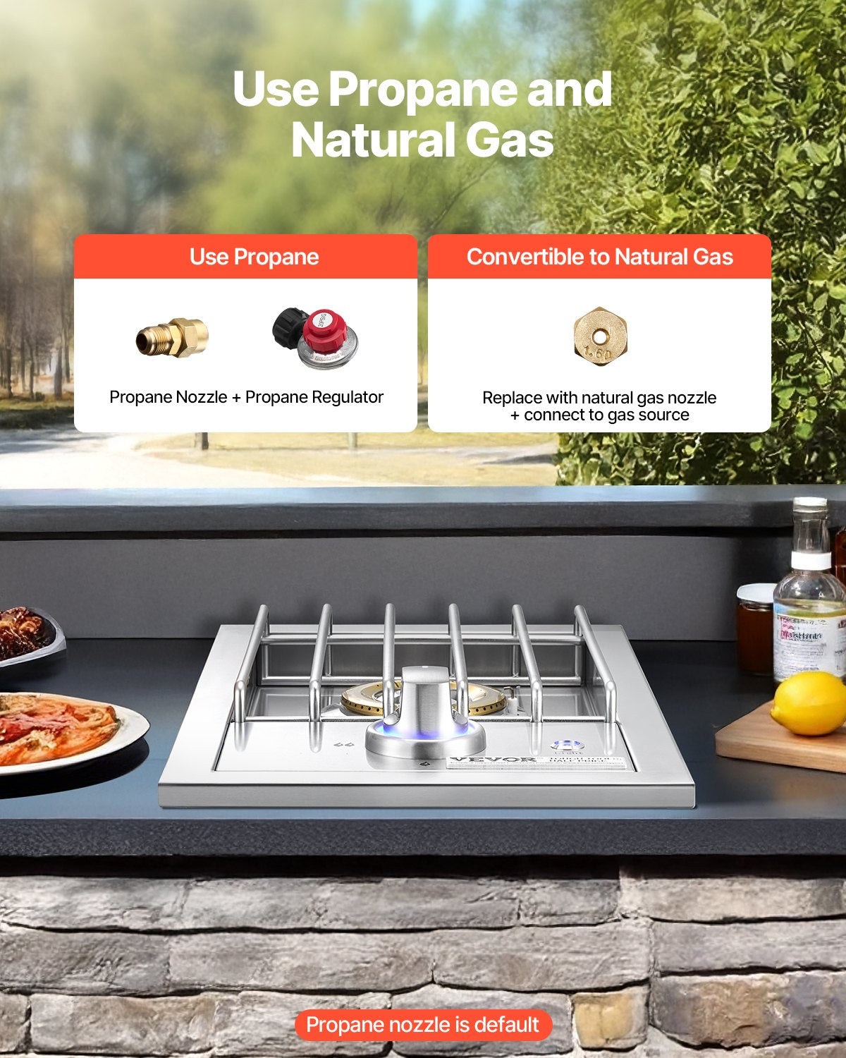 Single Grilling Side Burner, 17,000BTU Liquid Propane Side Burner for Outdoor Kitchen, Convertible to Natural Gas, 304 Stainless Steel Built-in Single Grill Burners with LED for BBQ Grill Island