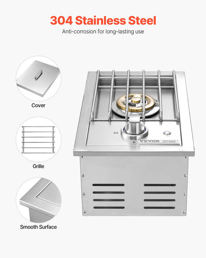 Single Grilling Side Burner, 17,000BTU Liquid Propane Side Burner for Outdoor Kitchen, Convertible to Natural Gas, 304 Stainless Steel Built-in Single Grill Burners with LED for BBQ Grill Island