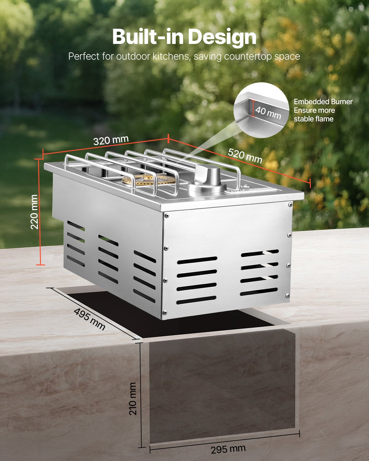 Single Grilling Side Burner, 17,000BTU Liquid Propane Side Burner for Outdoor Kitchen, Convertible to Natural Gas, 304 Stainless Steel Built-in Single Grill Burners with LED for BBQ Grill Island