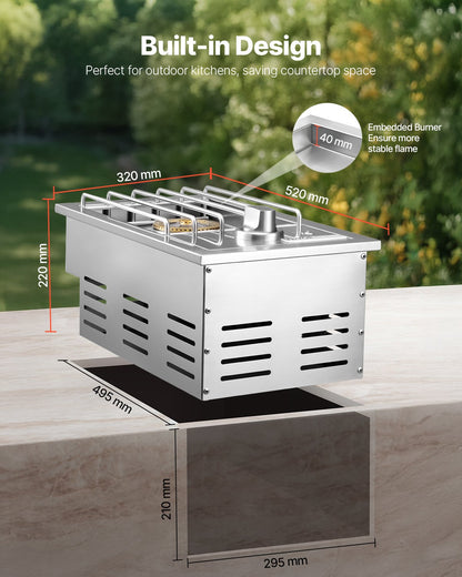 Single Grilling Side Burner, 17,000BTU Liquid Propane Side Burner for Outdoor Kitchen, Convertible to Natural Gas, 304 Stainless Steel Built-in Single Grill Burners with LED for BBQ Grill Island
