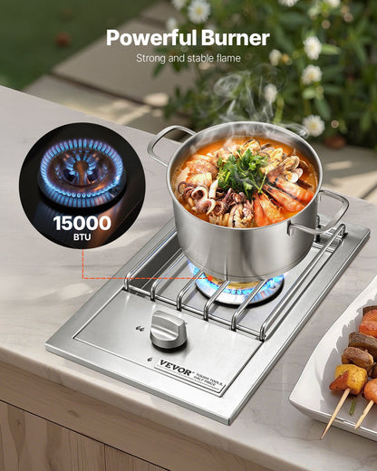 Single Grilling Side Burner, 15,000BTU Liquid Propane Side Burner for Outdoor Kitchen, Convertible to Natural Gas, 304 Stainless Steel Built-in Single Grill Burners for BBQ Grill Island