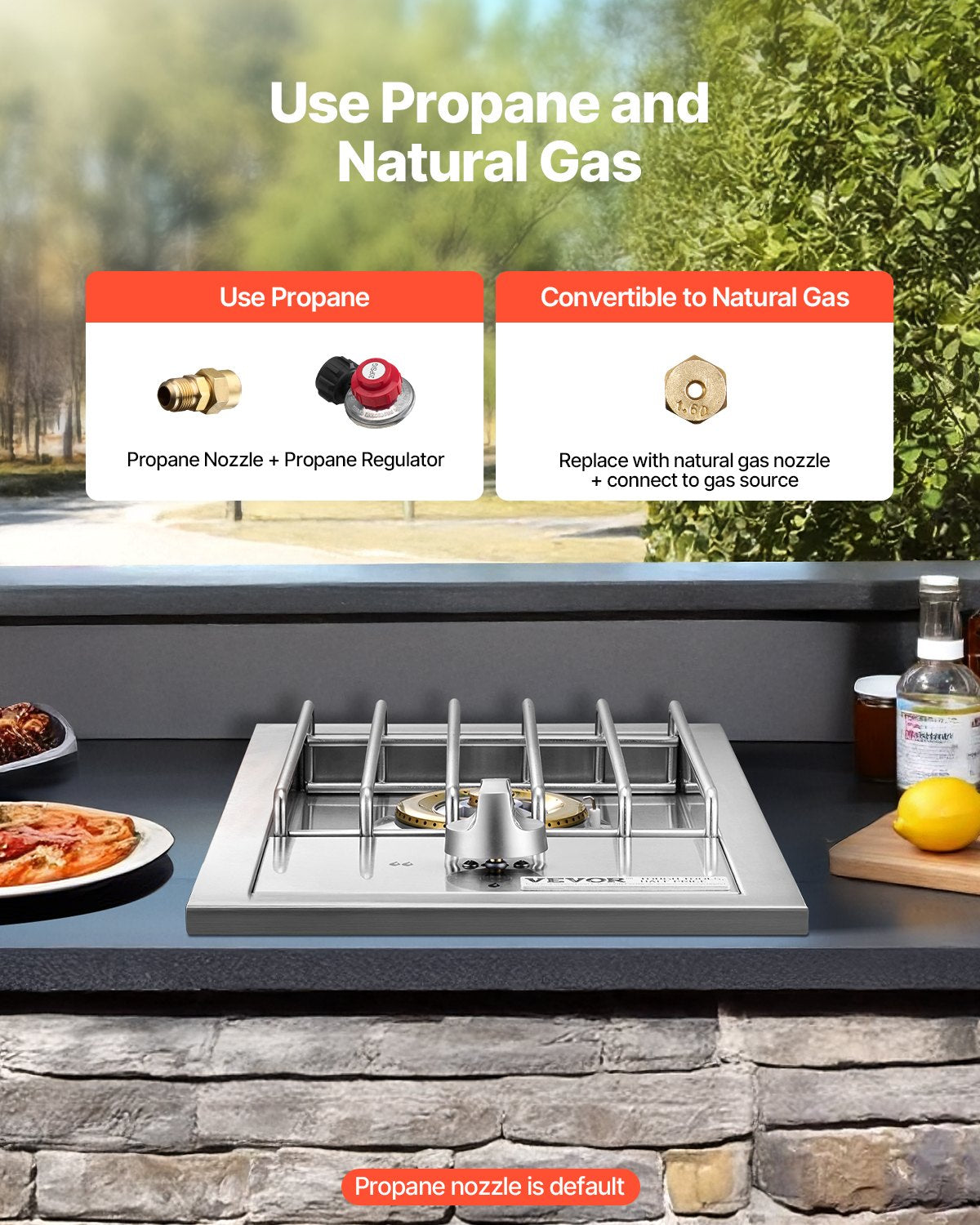 Single Grilling Side Burner, 15,000BTU Liquid Propane Side Burner for Outdoor Kitchen, Convertible to Natural Gas, 304 Stainless Steel Built-in Single Grill Burners for BBQ Grill Island