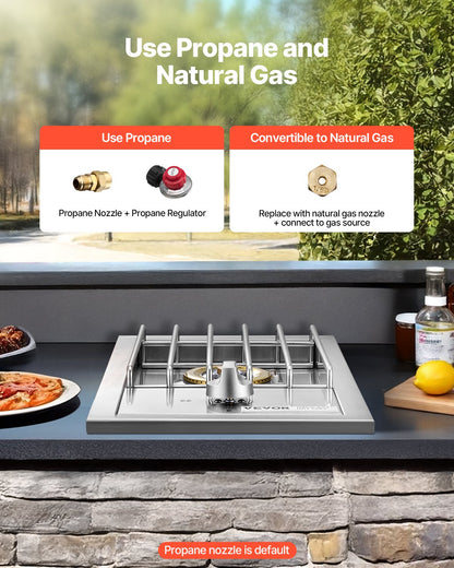 Single Grilling Side Burner, 15,000BTU Liquid Propane Side Burner for Outdoor Kitchen, Convertible to Natural Gas, 304 Stainless Steel Built-in Single Grill Burners for BBQ Grill Island