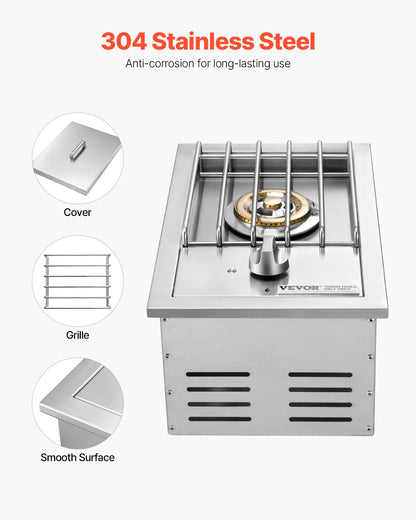 Single Grilling Side Burner, 15,000BTU Liquid Propane Side Burner for Outdoor Kitchen, Convertible to Natural Gas, 304 Stainless Steel Built-in Single Grill Burners for BBQ Grill Island