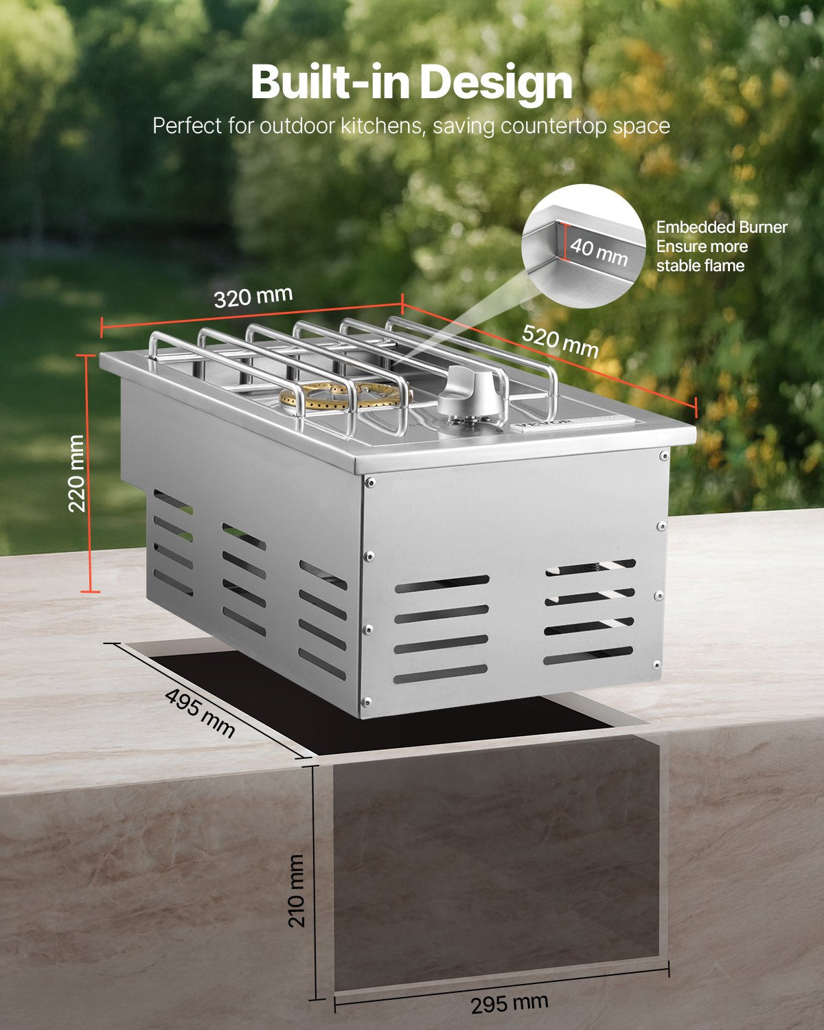 Single Grilling Side Burner, 15,000BTU Liquid Propane Side Burner for Outdoor Kitchen, Convertible to Natural Gas, 304 Stainless Steel Built-in Single Grill Burners for BBQ Grill Island