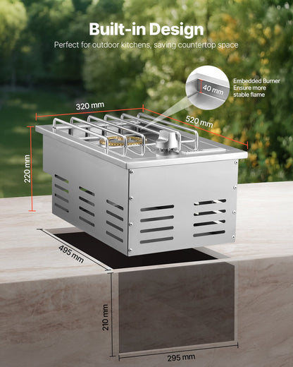 Single Grilling Side Burner, 15,000BTU Liquid Propane Side Burner for Outdoor Kitchen, Convertible to Natural Gas, 304 Stainless Steel Built-in Single Grill Burners for BBQ Grill Island