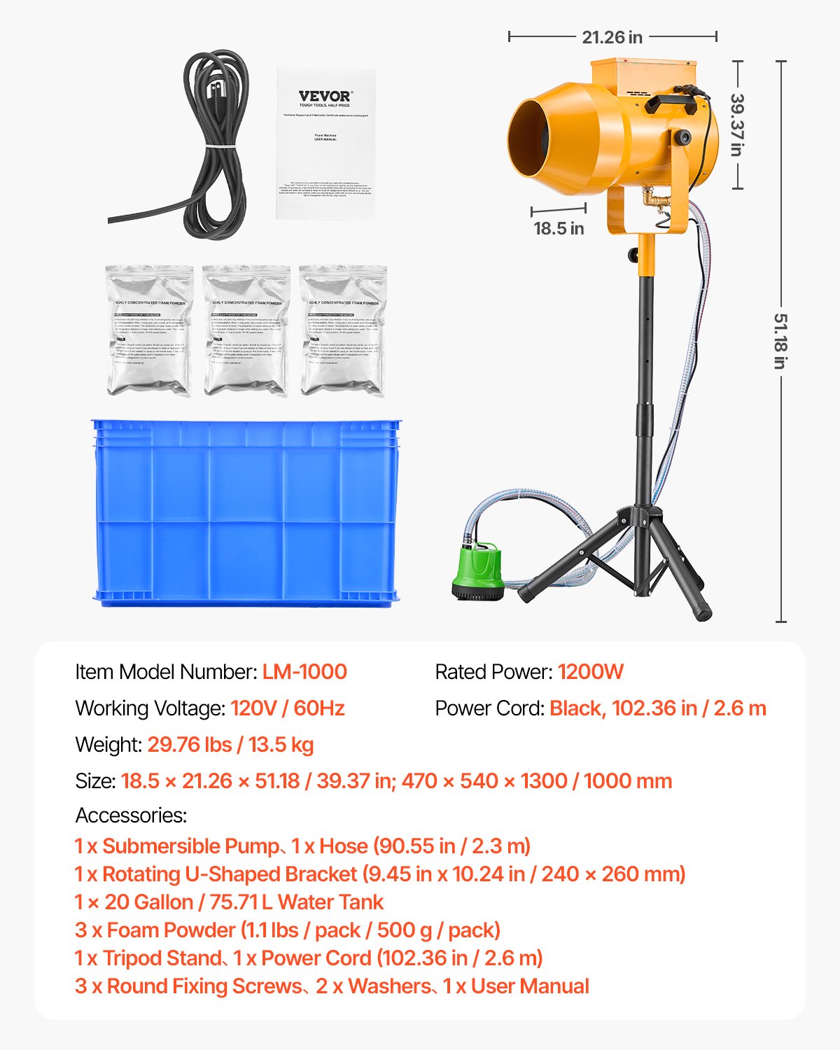 Foam Machine, 1200 W Party Foam Cannon, Foam Maker with 3 Packs of Foam Powder, Foam Party Machine with 20 Gal Water Tank, for Backyard, Pool, Outdoor Events, Birthdays, Celebrations & Party