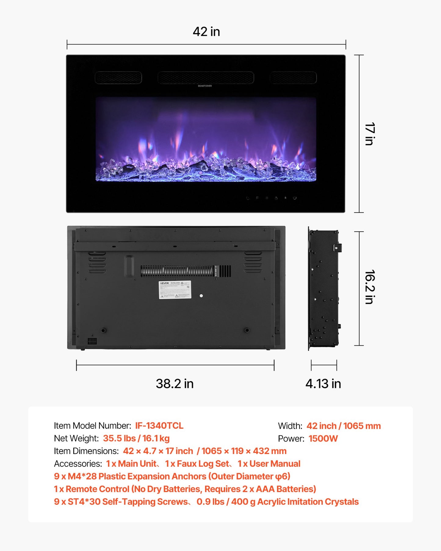 42 inch Electric Fireplace, Wall Mounted Recessed Fire Place with Remote Control, Timer, 1500W, Adjustable Flame Color Brightness, Touch Screen, Overheat Protection, for Living Room,Bedroom