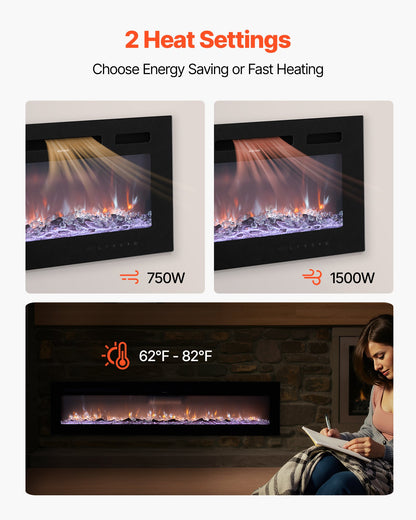 60 inch Electric Fireplace, Wall Mounted Recessed Fire Place with Remote Control, Timer, 1500W, Adjustable Flame Color Brightness, Touch Screen, Overheat Protection, for Living Room,Bedroom