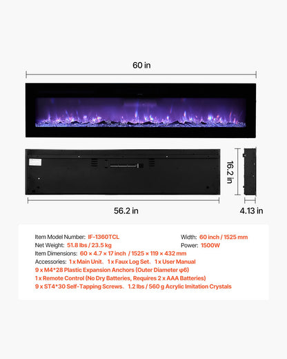 60 inch Electric Fireplace, Wall Mounted Recessed Fire Place with Remote Control, Timer, 1500W, Adjustable Flame Color Brightness, Touch Screen, Overheat Protection, for Living Room,Bedroom
