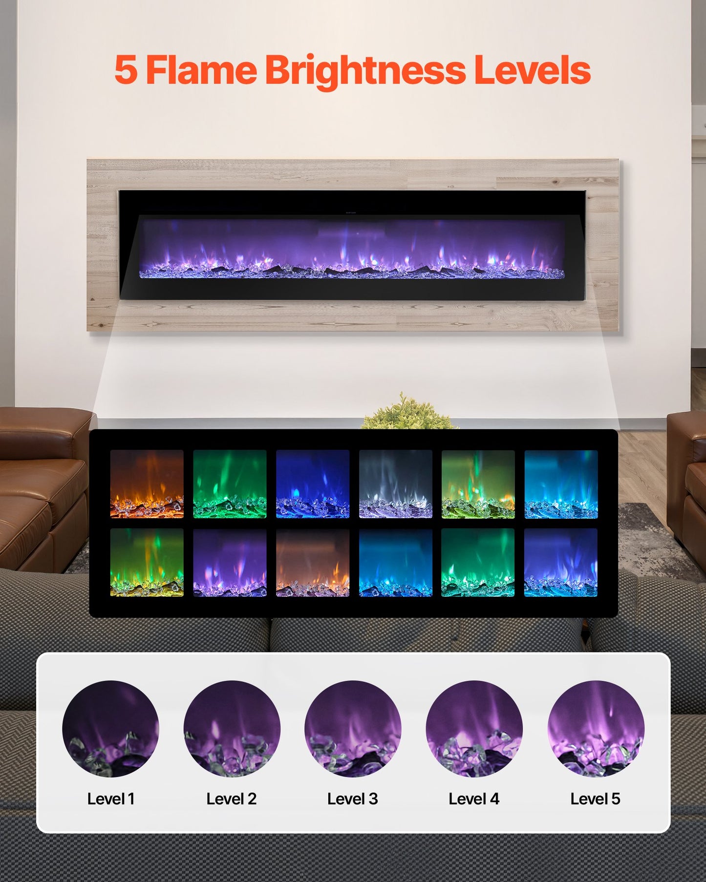 72 inch Electric Fireplace, Wall Mounted Recessed Fire Place with Remote Control, Timer, 1500W, Adjustable Flame Color Brightness, Touch Screen, Overheat Protection, for Living Room,Bedroom